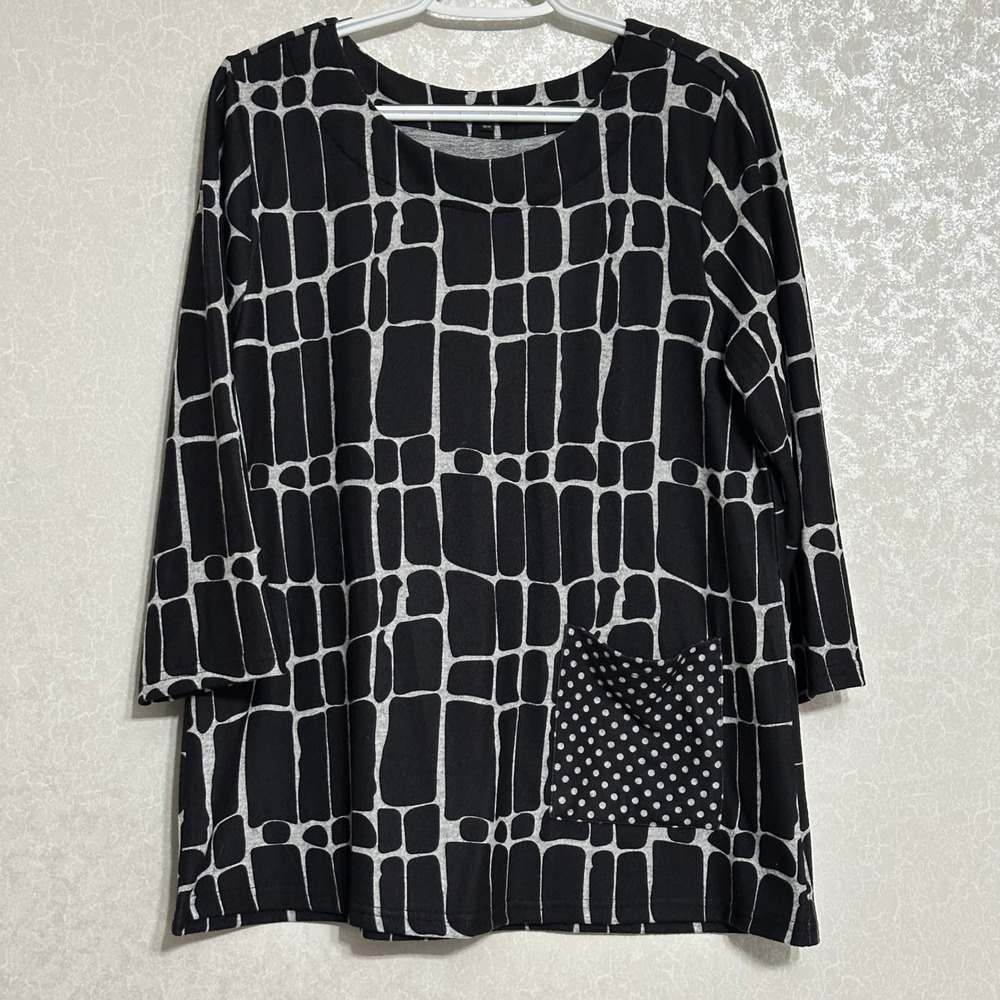 Shana Geometric Grid Print‎ 3/4 Sleeve Tunic Top Polka Dot Pocket Black Grey M